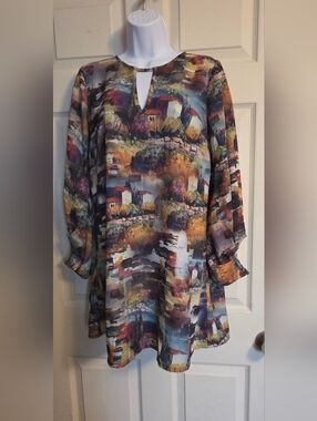 Uncle Frank Painterly Village Print Tunic Top/Shift Dress Size Small